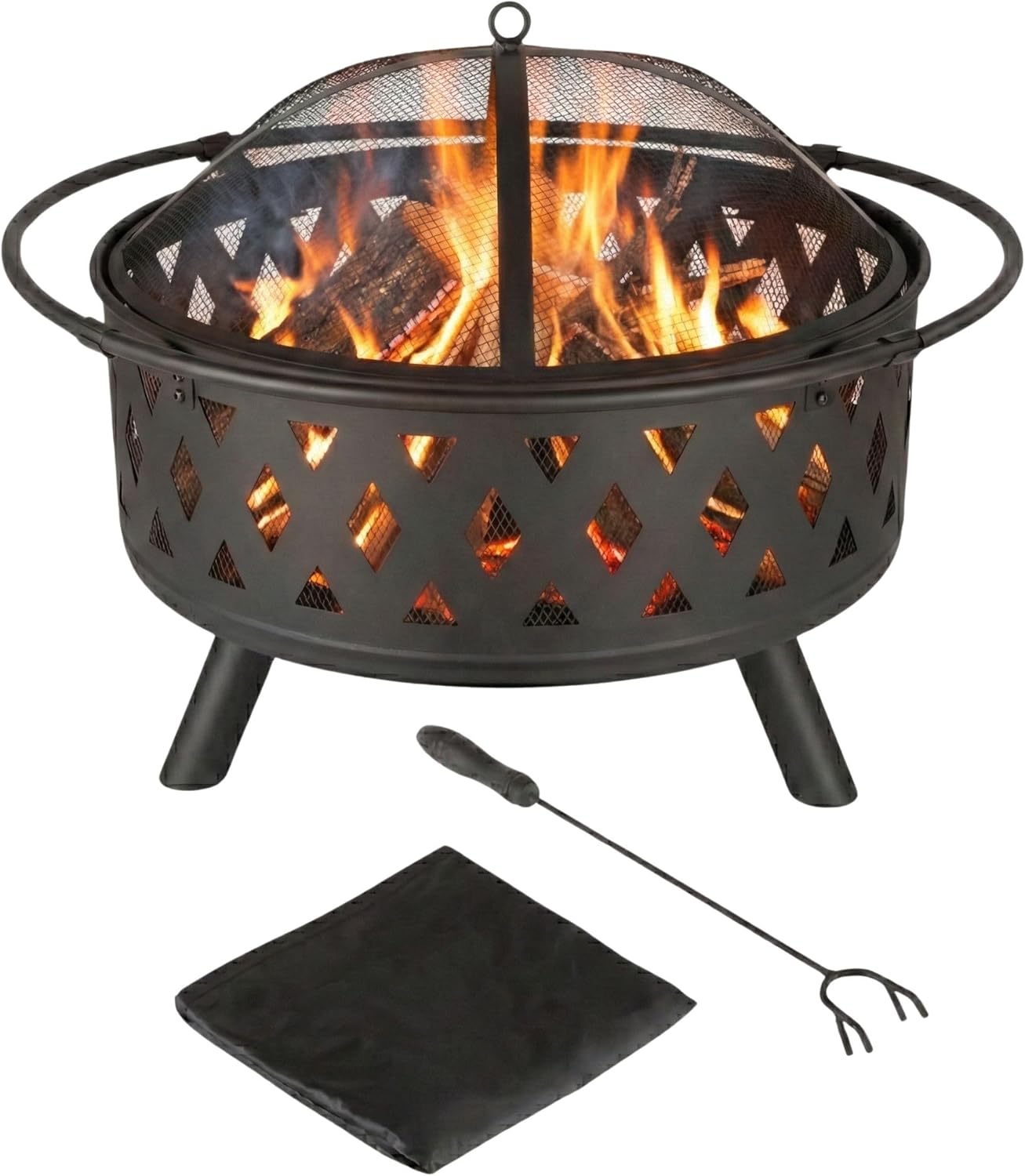 Pure Garden Outdoor Fire Pit with Cross Weave Pattern, Black, 32-Inch