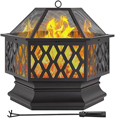 Yaheetech 26in Fire Pits for Outside Hex Shaped Fire Pit Wood Fire Pit Outdoor Fireplace for Bonfire Patio Picnic BBQ, with Spark Cover, Fire Poker