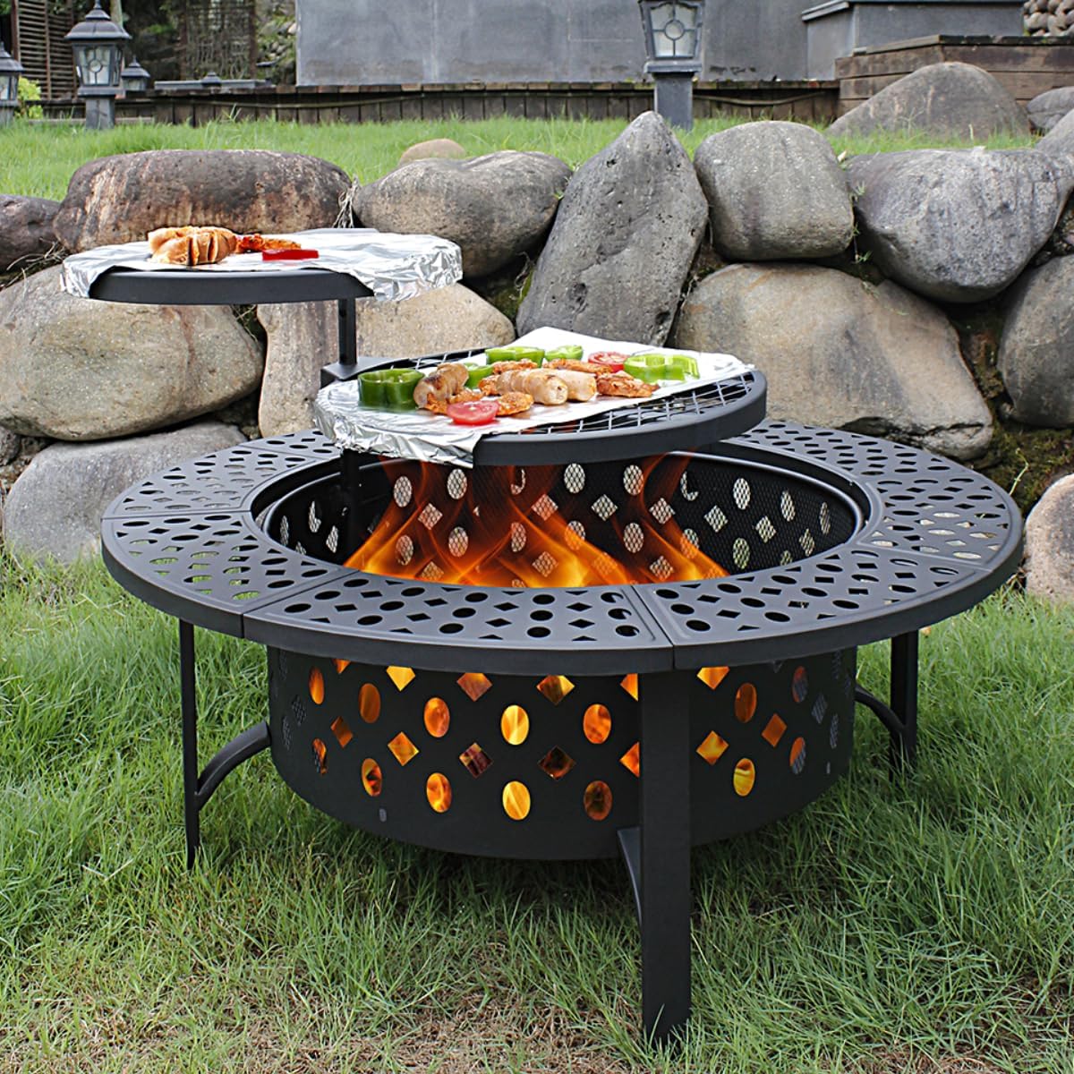 OutVue 42 Inch Fire Pit with 2 Grills, Lid, Poker