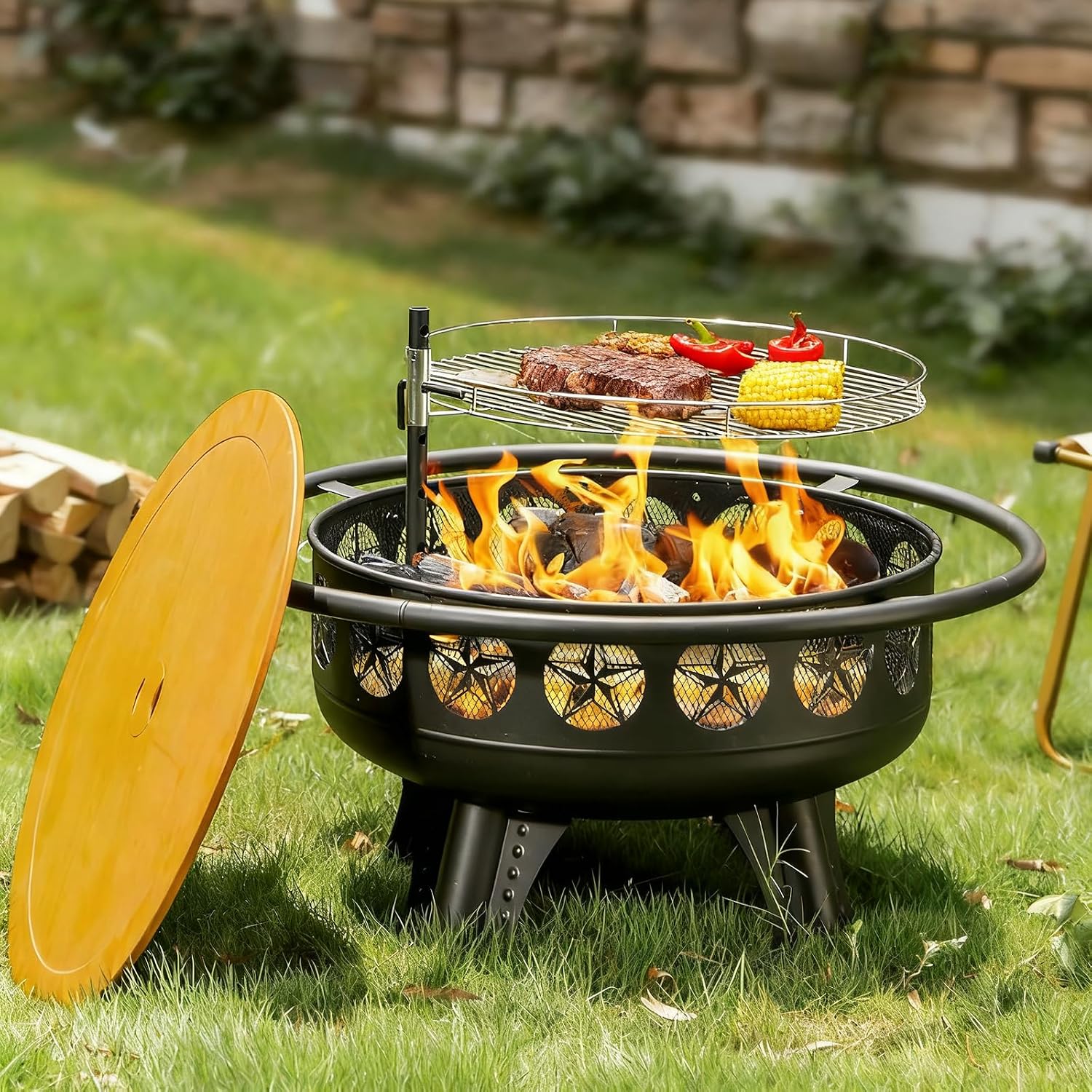 Verdeluxe 32 Inch Outdoor Fire Pit with Grill 3-in-1 Wood Burning