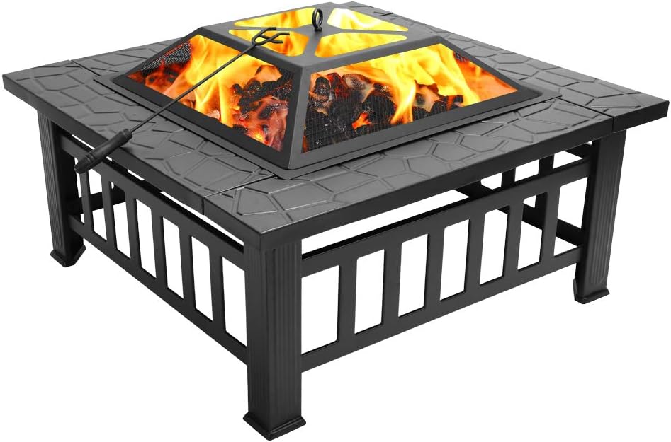 VINGLI 32in Wood Fire Pit with Mesh Lid and Fire Poker, Portable Outdoor Fireplace