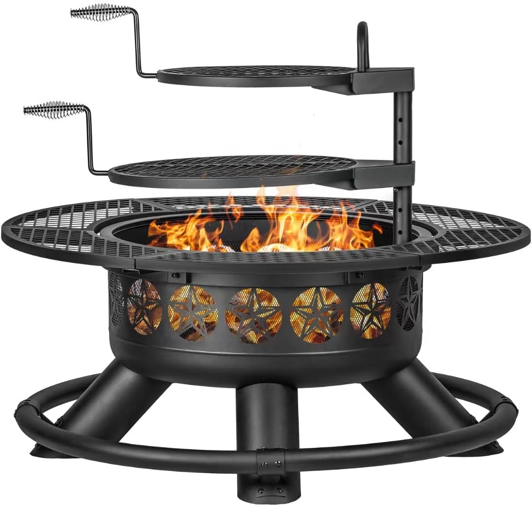 Verdeluxe 47 Inch Outdoor Fire Pit with 2 Grills, Extra Large BBQ Firepits