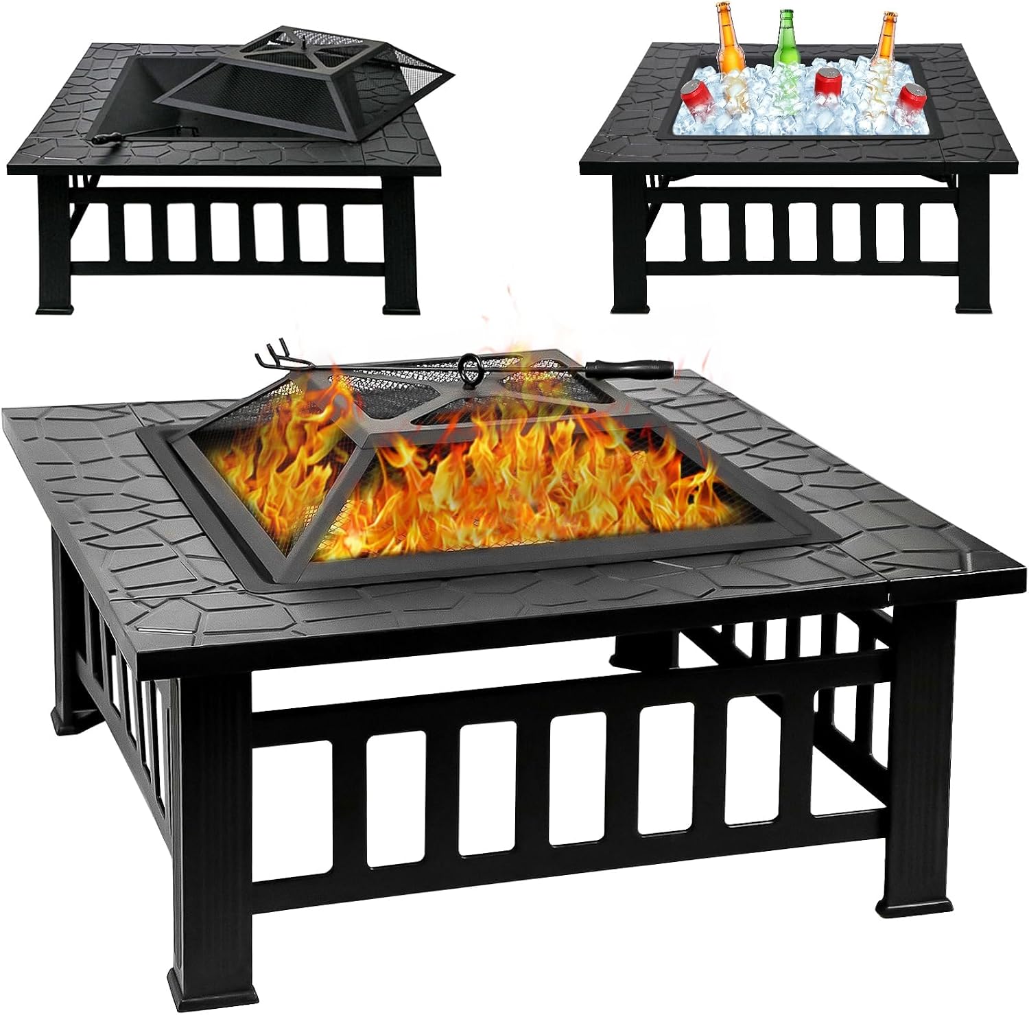 32 Inch Fire Pit Table with Fire Poker & Spark Screen, Outdoor Burning Fire Pits, 3 in 1 Metal Square Firepit Stove for Outside Heating, Bonfire Party, Camping, Patio, Garden