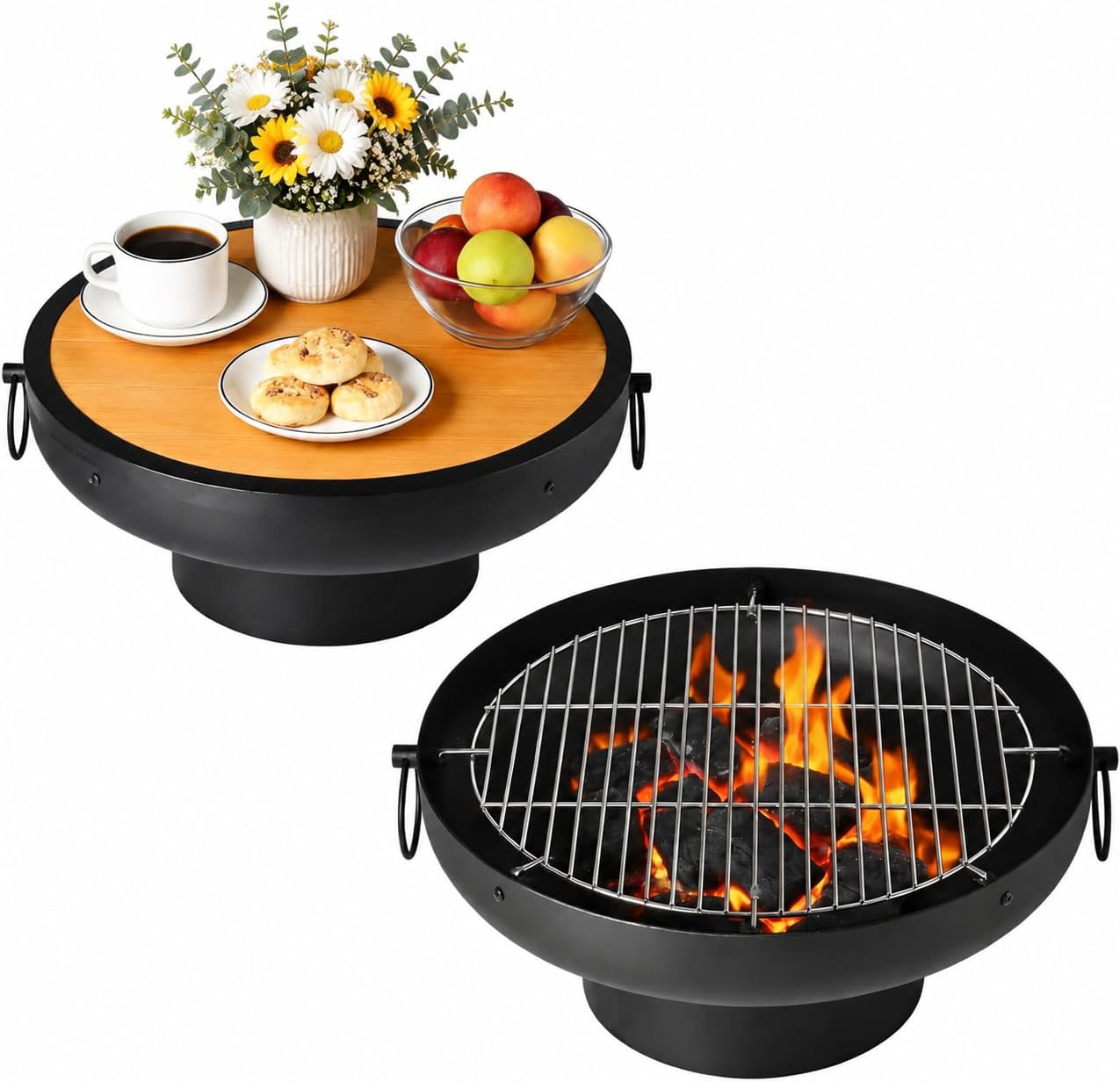 Fire Pit Table with BBQ Grill and Waterproof Lid for Outdoor Use