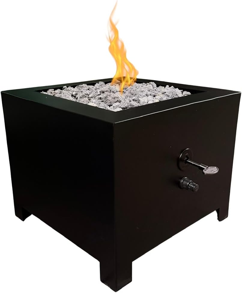 Luxery Indoor Outdoor Square Propane Fire Pit Table with Lava Rocks, Steel Gas Fire Pit, Modern Fire Bowl with Key, Black Finish (Powder Coated)